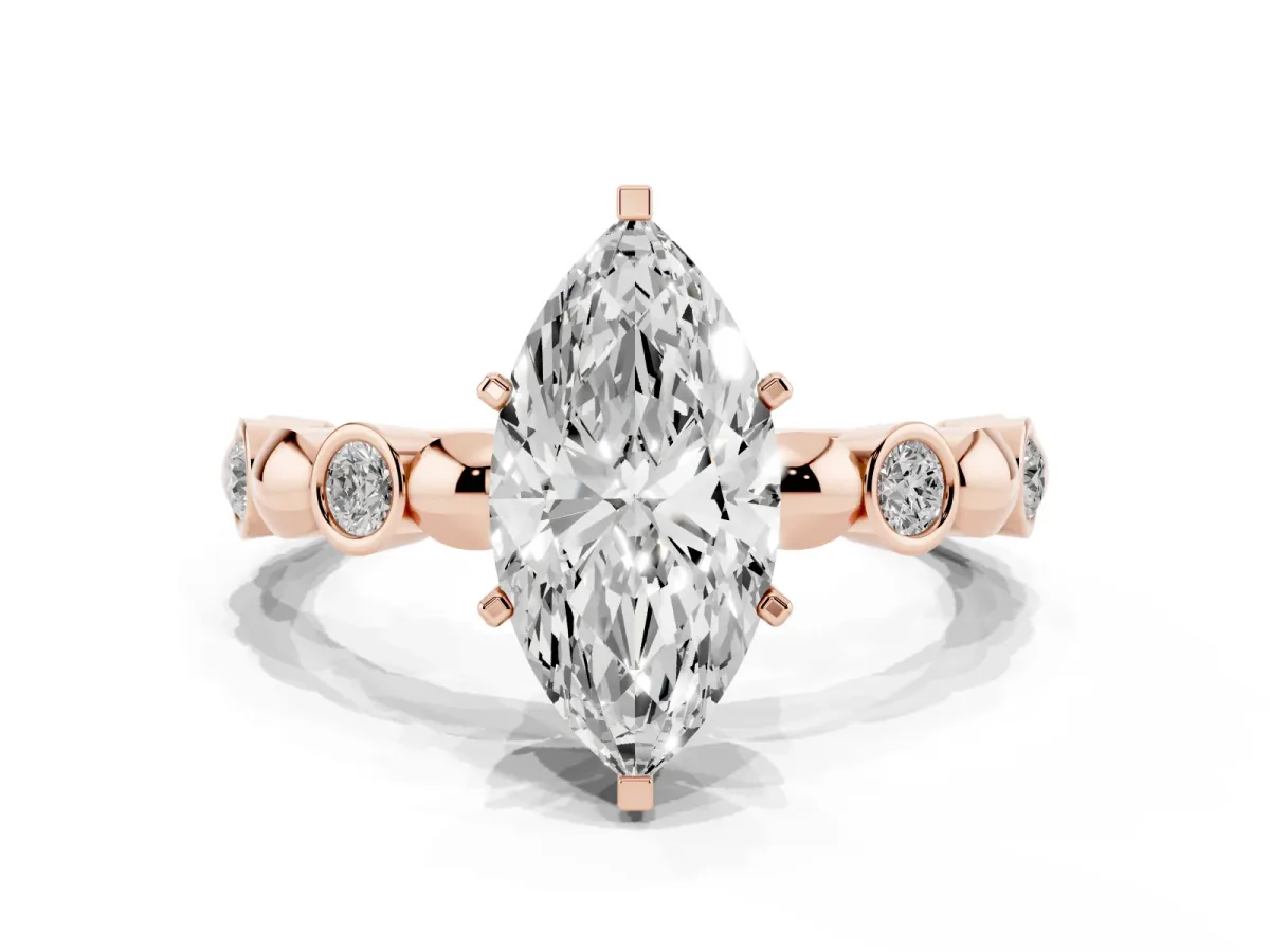 Marquise Cut Solitaire Bezel-Set Diamond Ring with Beaded Band and Four-Prong Setting Rose gold