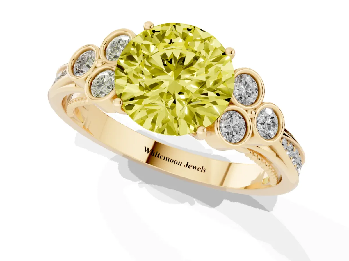 Fancy Yellow Round Cut Cut Diamond Engagement Ring with Bezel Set Round Side Stones and Prong Setting Yellow gold