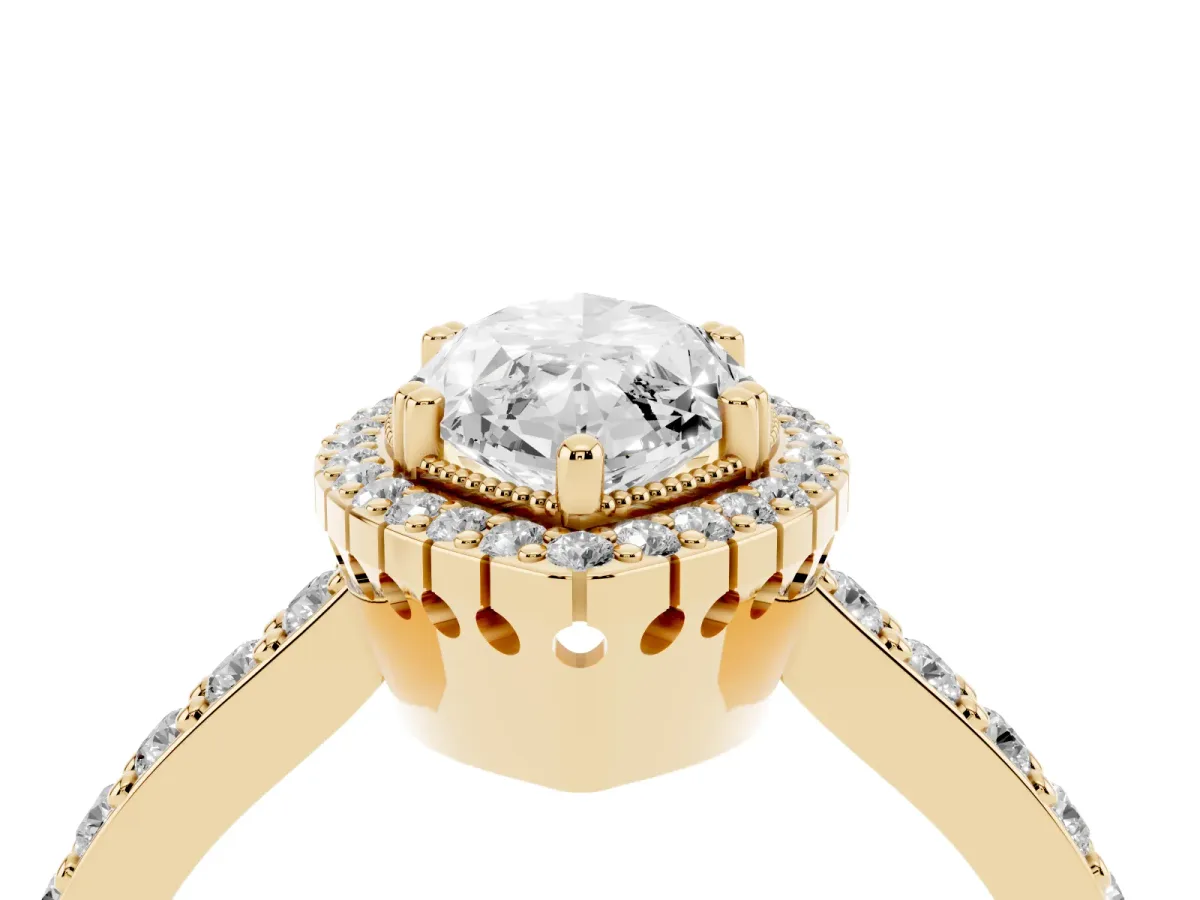 Marquise Cut Cut Diamond Halo Engagement Ring with Milgrain Detail and Pavé Band Yellow gold