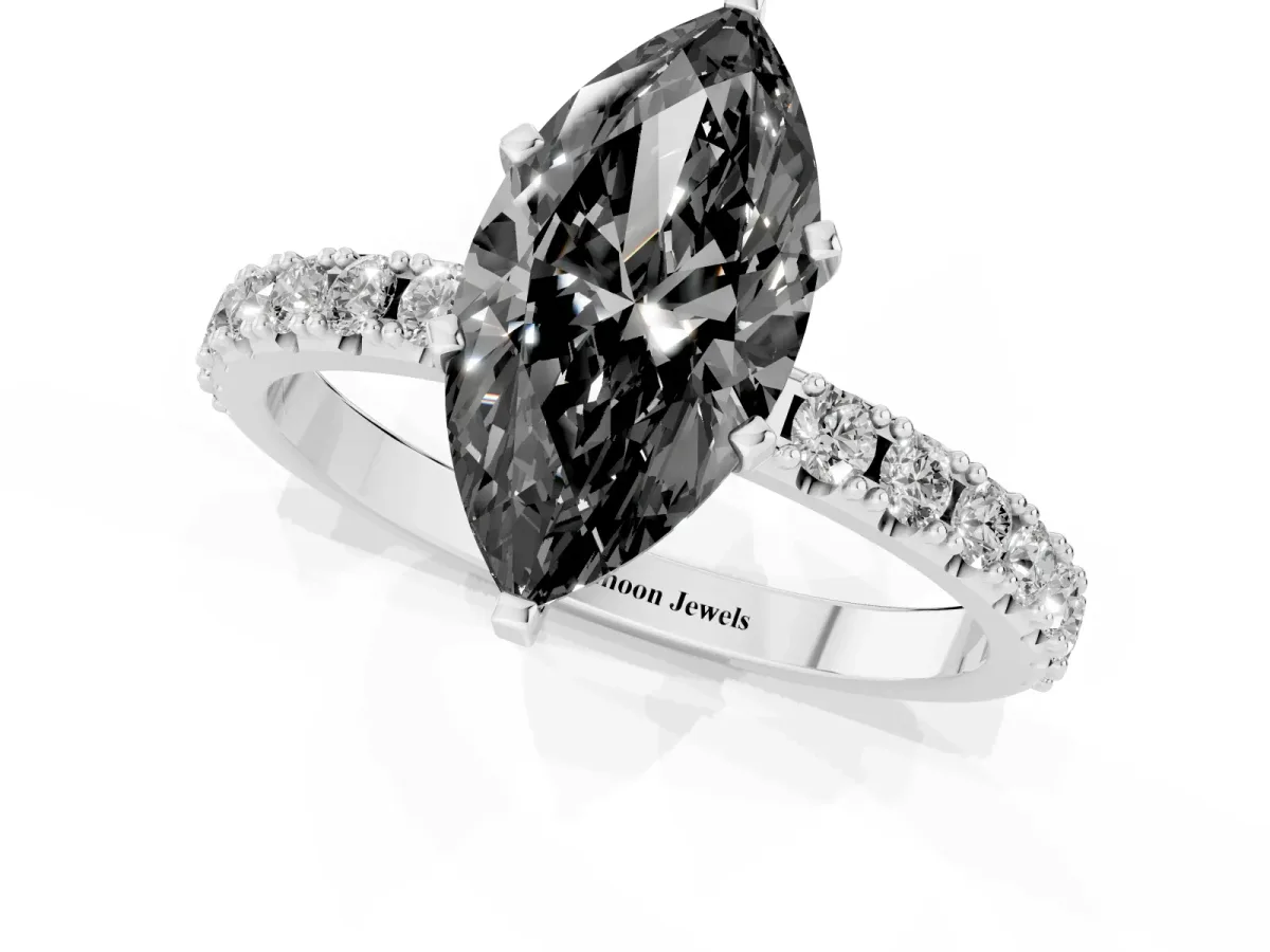 Fancy Black Marquise Cut Diamond Solitaire Pavé Band with Four-Prong Setting Silver