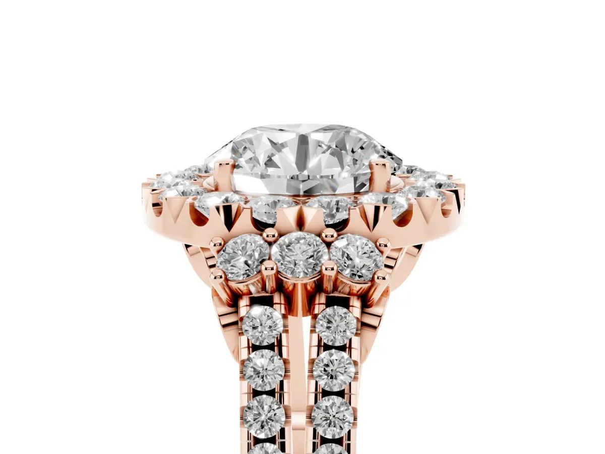 Round Cut Cut Double Halo Diamond Engagement Ring with Pave Band and Four-Prong Setting Rose gold