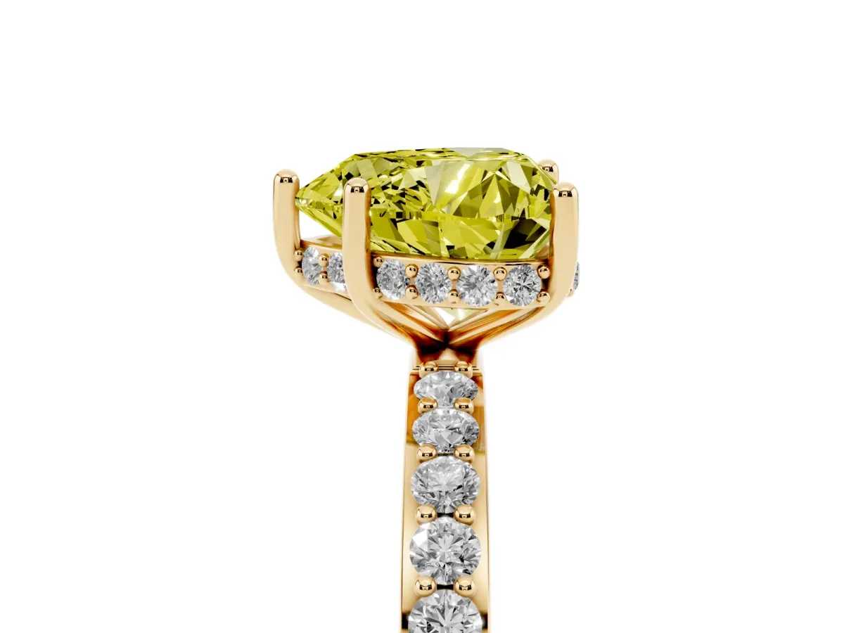 Fancy Yellow Heart Cut Diamond Solitaire Ring with Pavé Band and Hidden Halo Yellow gold