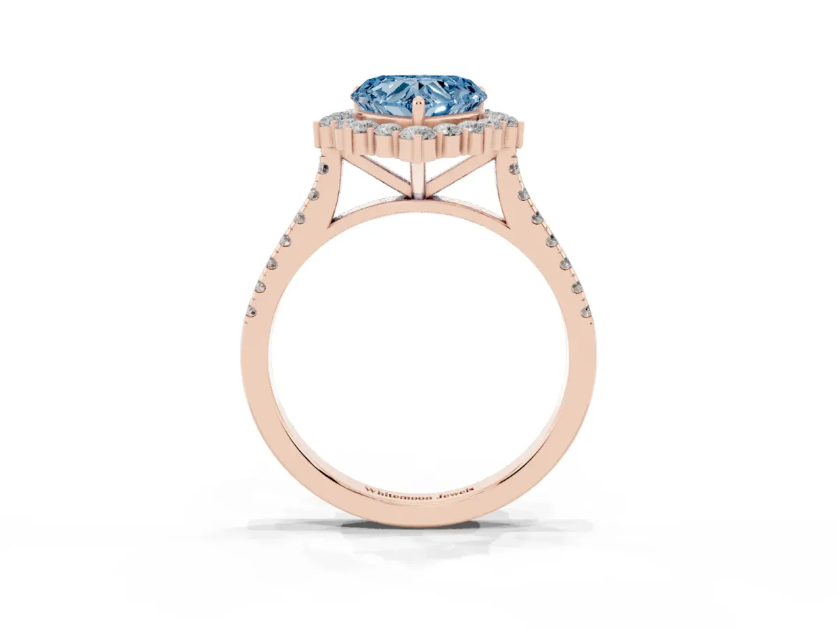 Fancy Blue Heart Cut Halo Diamond Ring with Pavé Band and Prong Setting Rose gold
