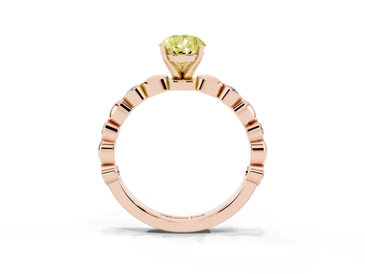 Fancy Yellow Pear Cut Solitaire Bezel-Set Diamond Ring with Beaded Band and Four-Prong Setting Rose gold