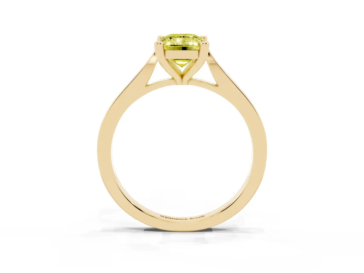 Fancy Yellow Emerald Cut Solitaire Diamond Ring with Four-Prong Setting and Tapered Band Yellow gold