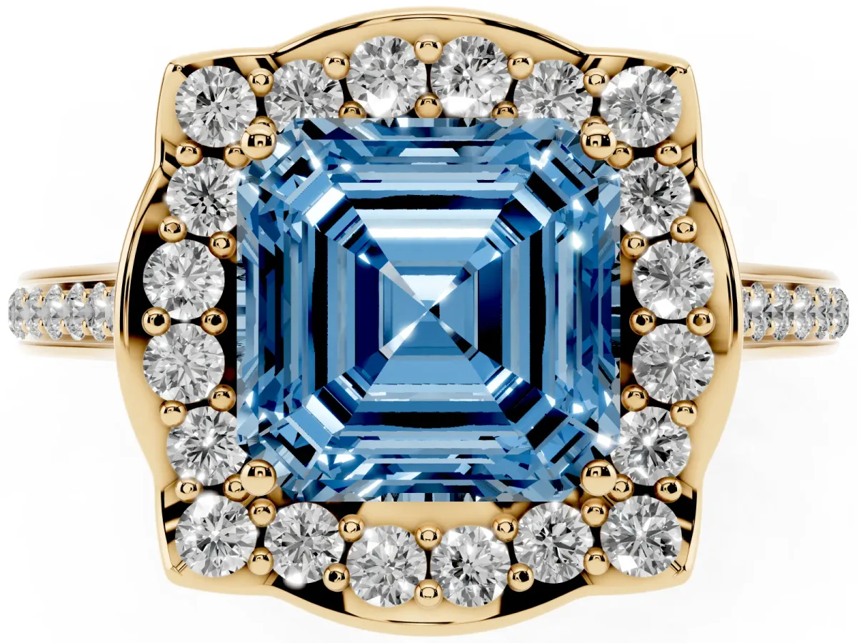 Fancy Blue Asscher Cut Halo Round Diamond Pave Band with Four-Prong Setting Yellow gold