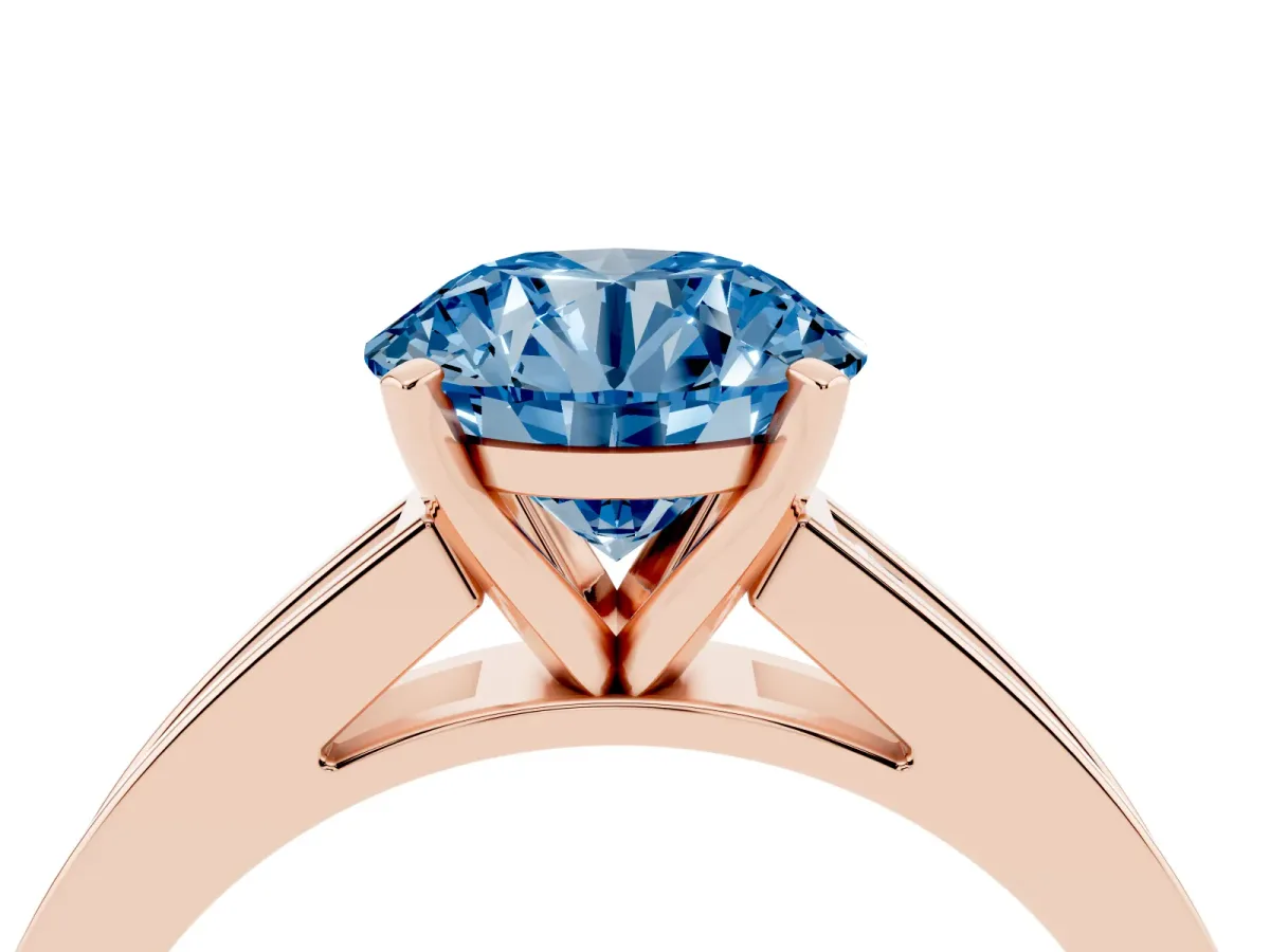 Fancy Blue Round Cut Solitaire Diamond Ring with Channel-Set Band and Four-Prong Setting Rose gold
