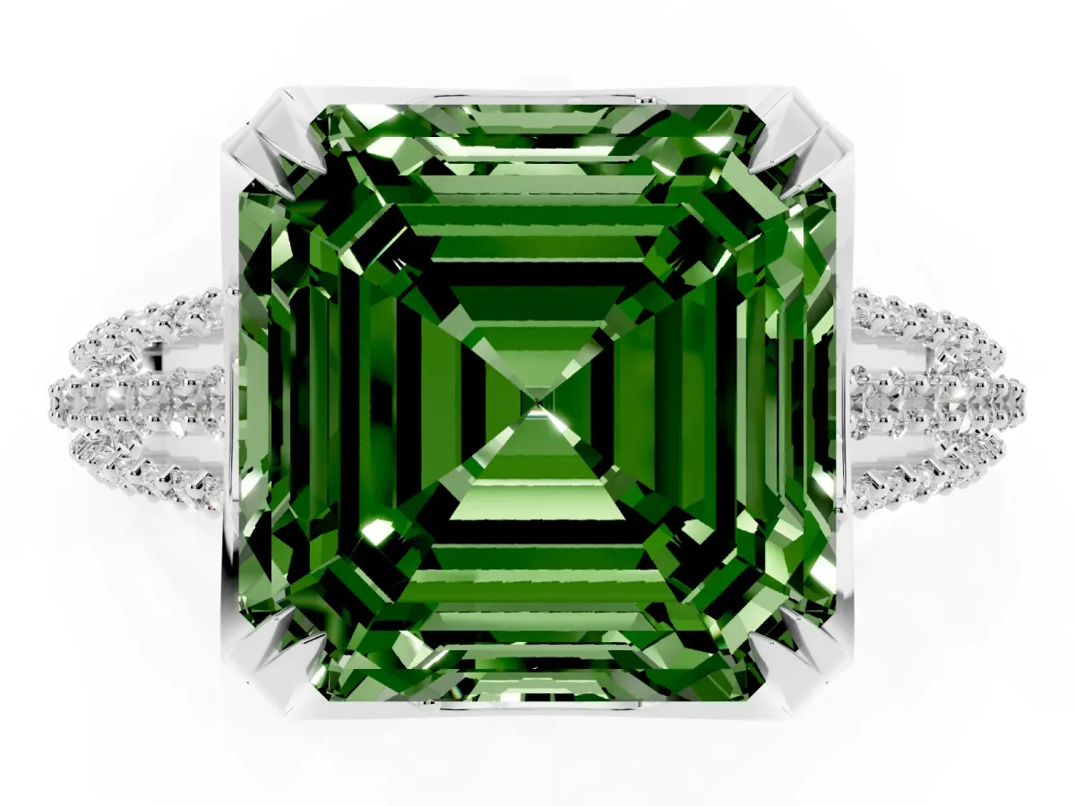 Fancy Green Asscher Cut Solitaire Pave Split Shank Ring with Four-Prong Setting Platinum
