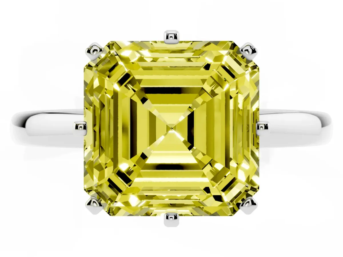 Fancy Yellow Asscher Cut Solitaire Diamond Ring with Six-Prong Setting on a Classic Band Silver