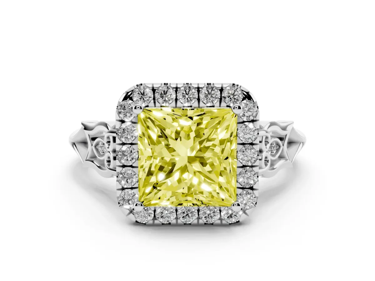 Fancy Yellow Princess Cut Halo Diamond Engagement Ring with Filigree Band and Four-Prong Setting White gold