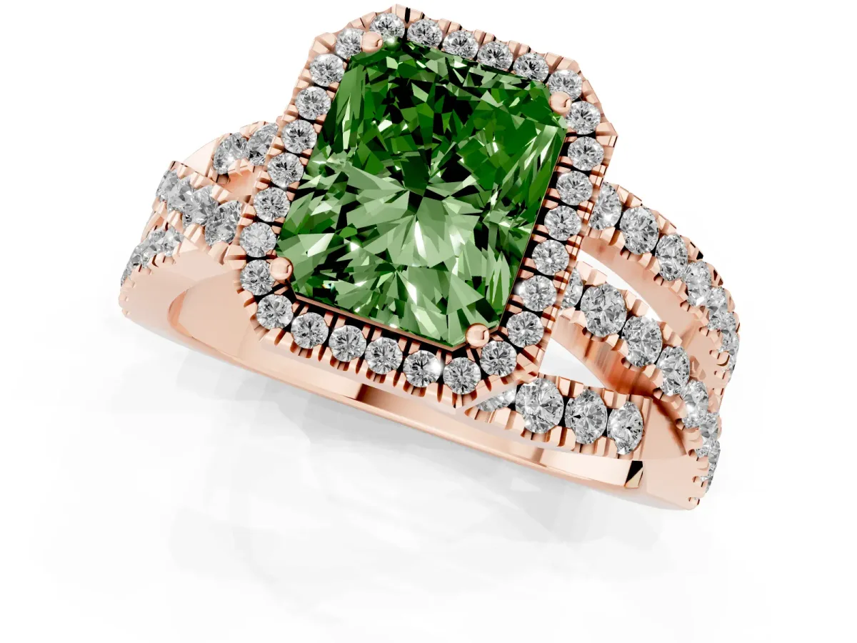 Fancy Green Radiant Cut Diamond Halo Ring with Round Split Shank and Prong Setting Rose gold