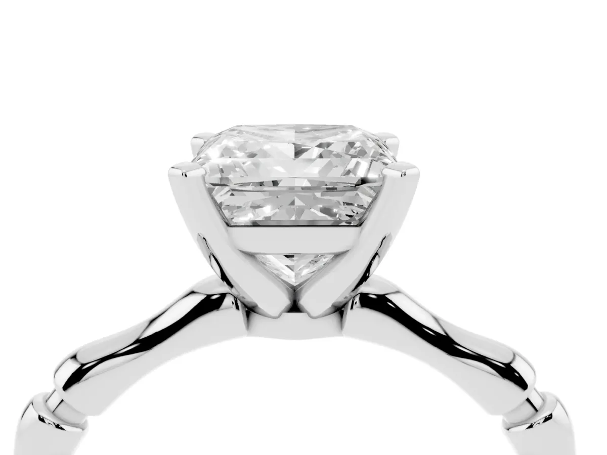 Princess Cut Solitaire Diamond Ring with Bamboo Band and Four-Prong Setting Silver