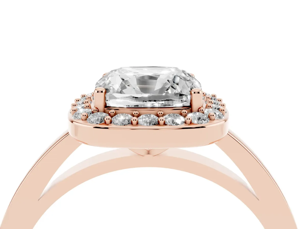 Cushion Cut Halo Diamond Ring with Solitaire Band and Prong Setting Rose gold