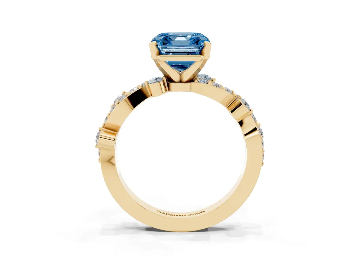 Fancy Blue Asscher Cut Cut Solitaire Diamond Twisted Band with Pave Setting Yellow gold