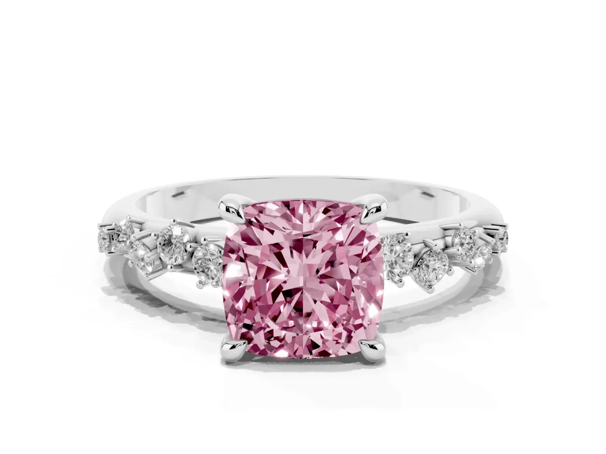 Fancy Pink Cushion Cut Cut Diamond Vine Band with Four-Prong Setting Platinum