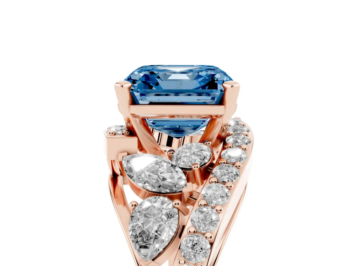 Fancy Blue Asscher Cut Diamond Halo Ring with Marquise and Pavé Band in Prong Setting Rose gold
