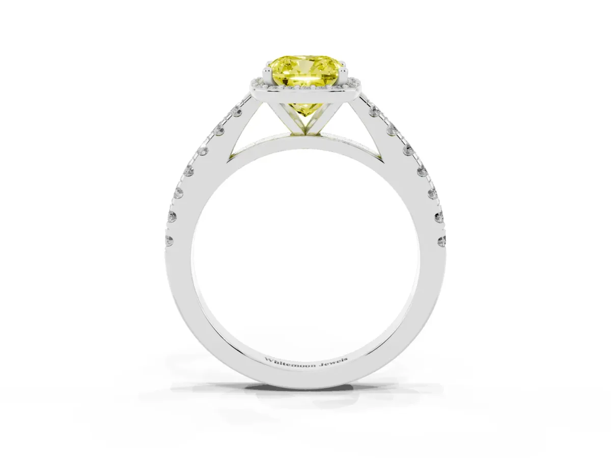 Fancy Yellow Cushion Cut Cut Halo Diamond Engagement Ring with Pave Band and Four-Prong Setting Silver