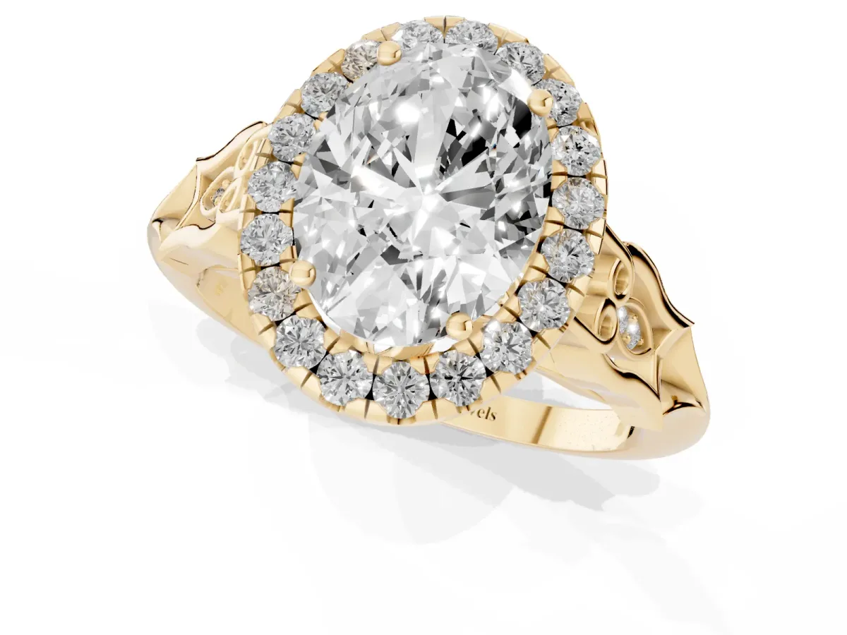 Oval Cut Halo Diamond Engagement Ring with Filigree Band and Four-Prong Setting Yellow gold