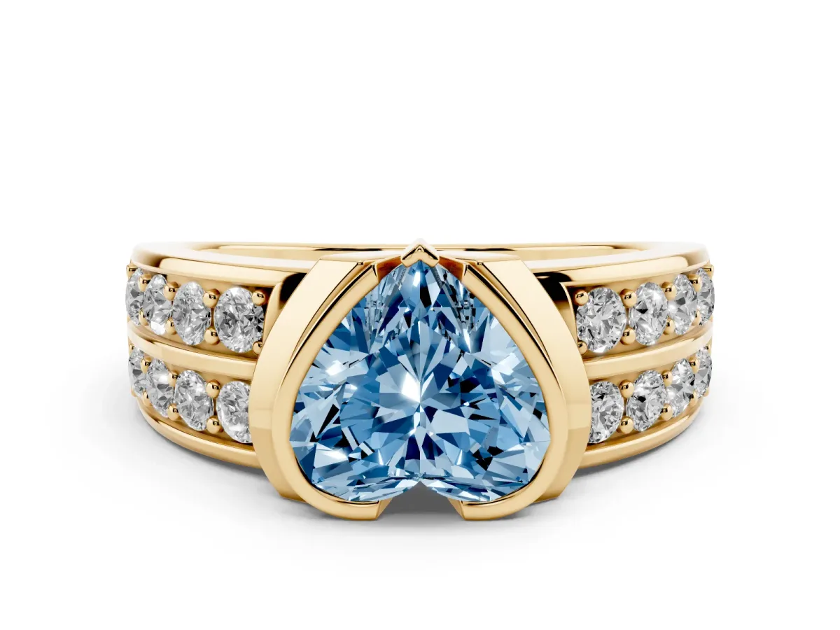 Fancy Blue Heart Cut Brilliant Diamond Channel Set Wide Band Ring with Bezel Setting Yellow gold