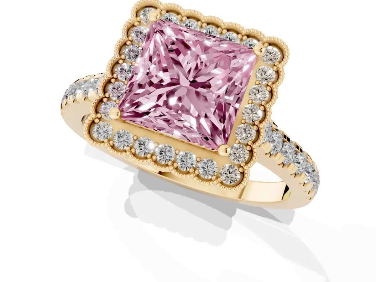 Fancy Pink Princess Cut Cut Diamond Milgrain Floral Halo Engagement Ring with Pavé Band Yellow gold