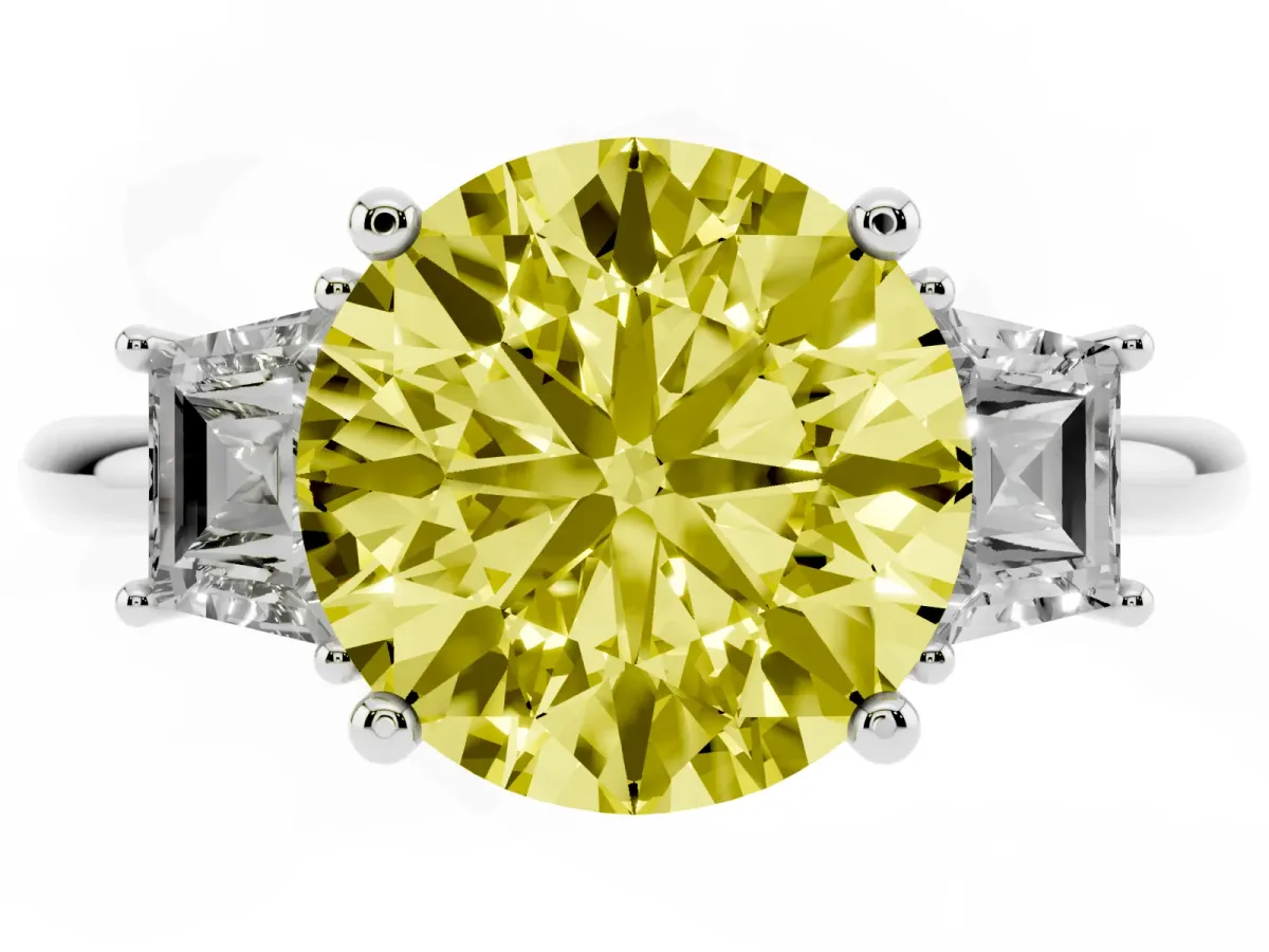 Fancy Yellow Round Cut Diamond Three-Stone Ring with Trapezoid Side Stones and Prong Setting Platinum