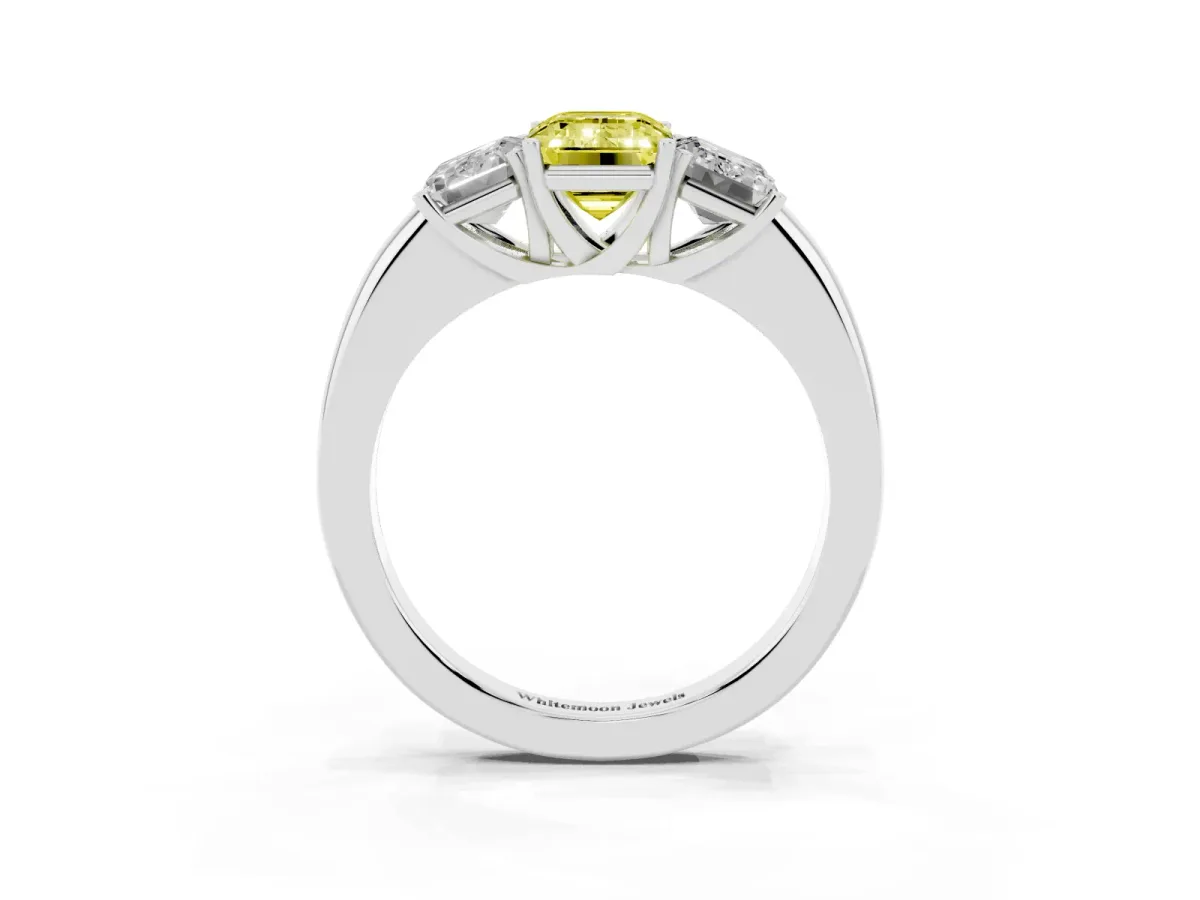 Fancy Yellow Emerald Cut Diamond Three-Stone Ring with Four-Prong Setting and Classic Band Silver