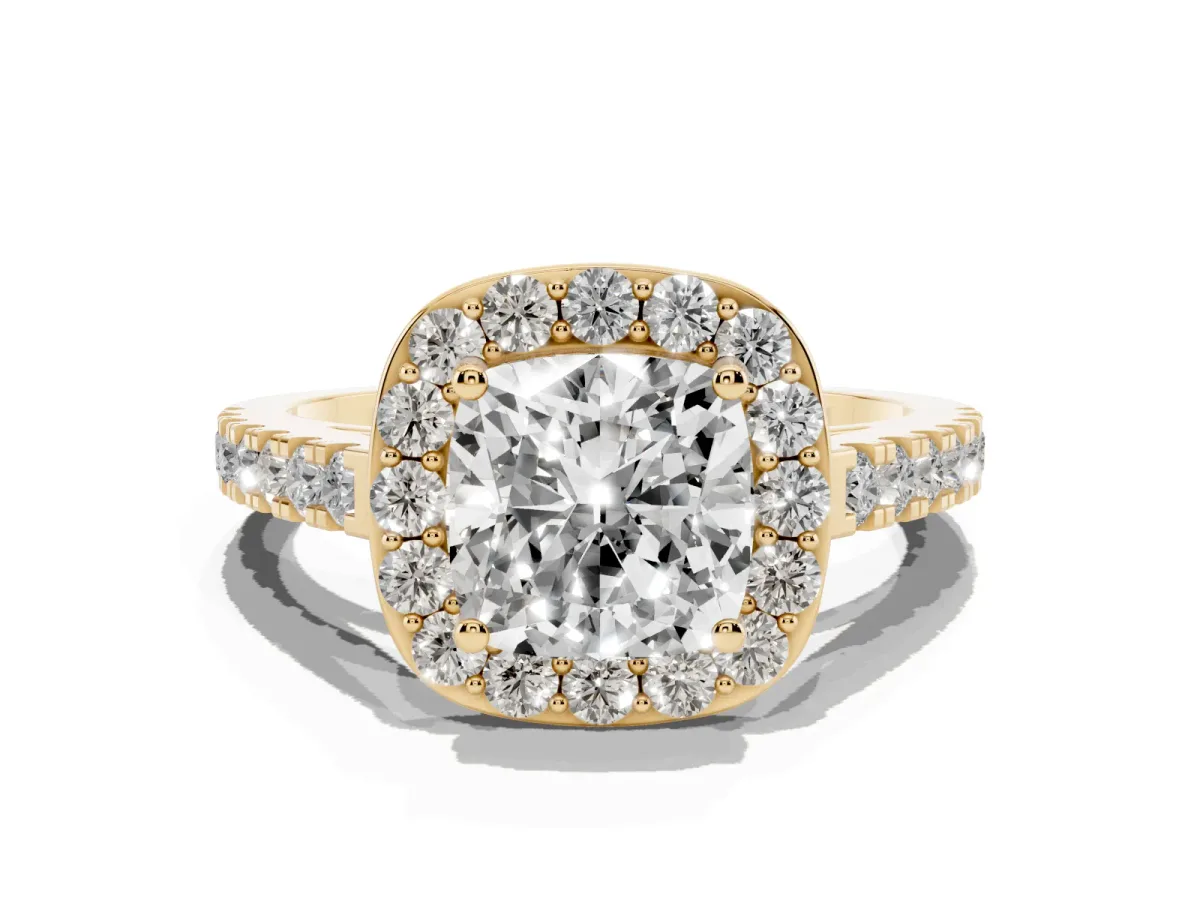 Cushion Cut Diamond Halo Ring with Round Pavé Split Shank and Prong Setting Yellow gold