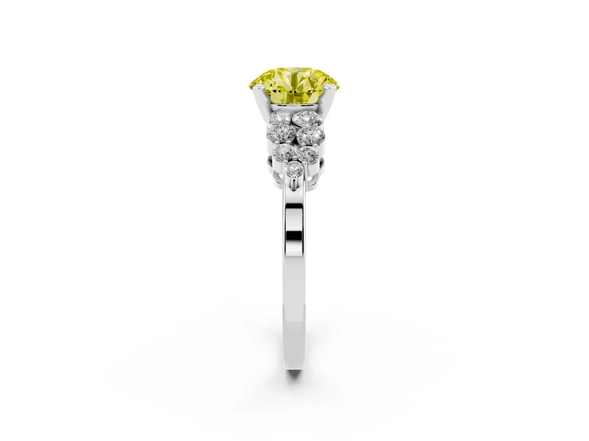 Fancy Yellow Round Cut Cluster Diamond Engagement Ring with Pavé Band and Four-Prong Setting White gold