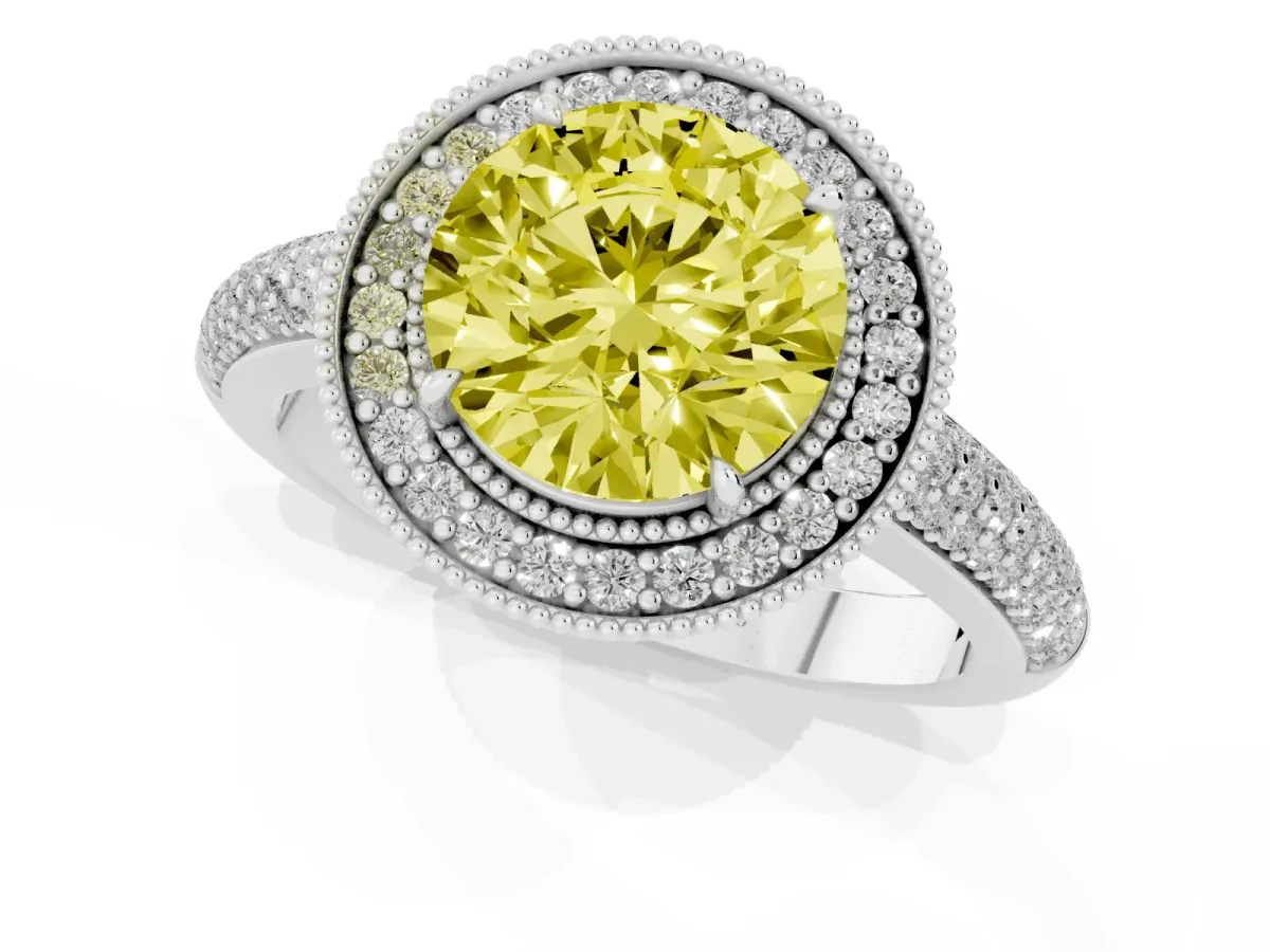 Fancy Yellow Round Cut Cut Halo Diamond Pave Band with Four-Prong Setting Silver