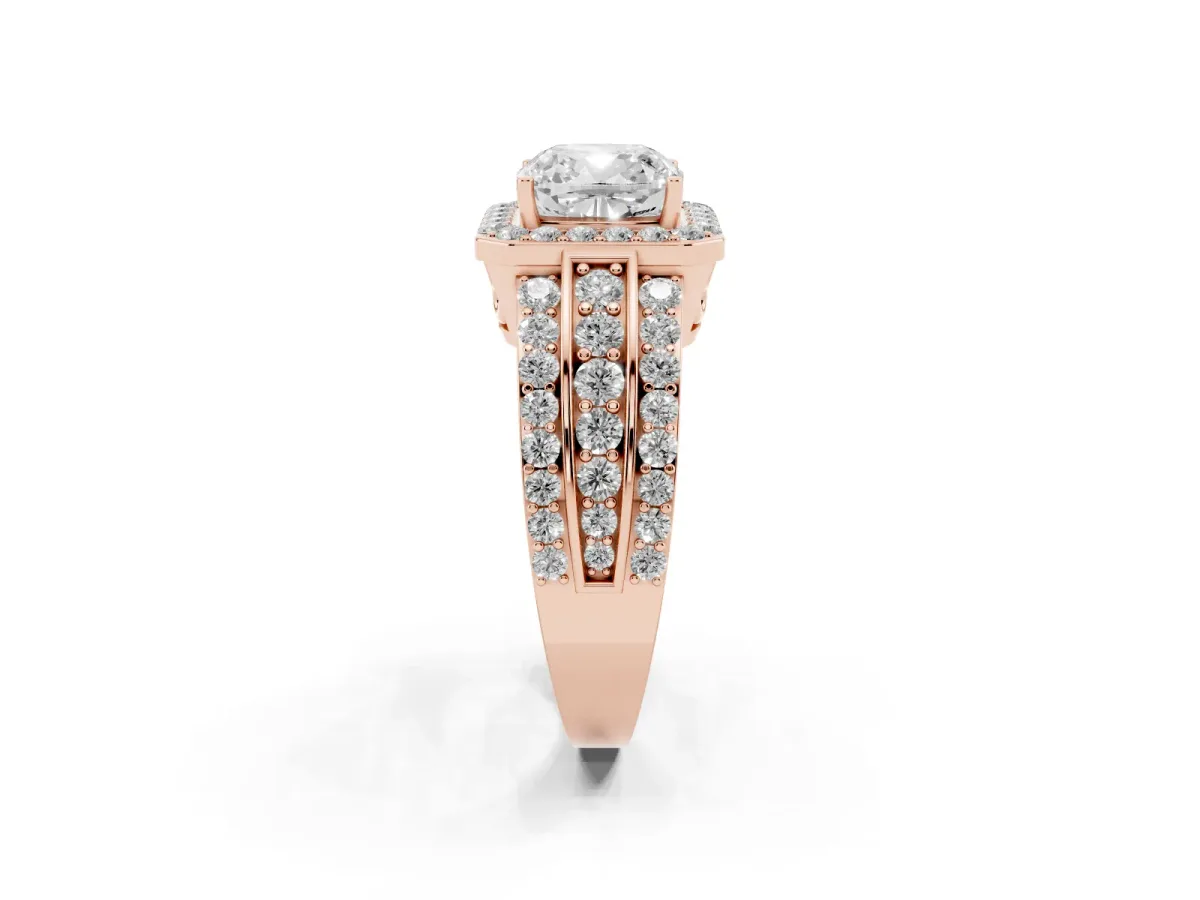 0.5 Carat Cushion Cut Halo Ring with Round Split Shank and Prong Setting Rose gold