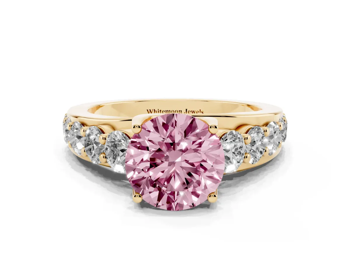 Fancy Pink Round Cut Diamond Engagement Ring with Pavé Band and Four-Prong Setting Yellow gold
