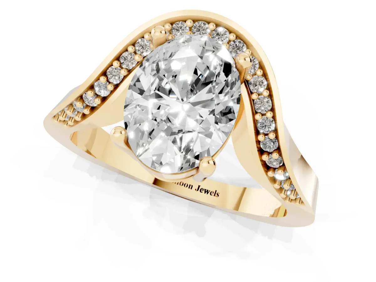 Oval Cut Solitaire Diamond Engagement Ring with Pave Band and Four-Prong Setting Yellow gold