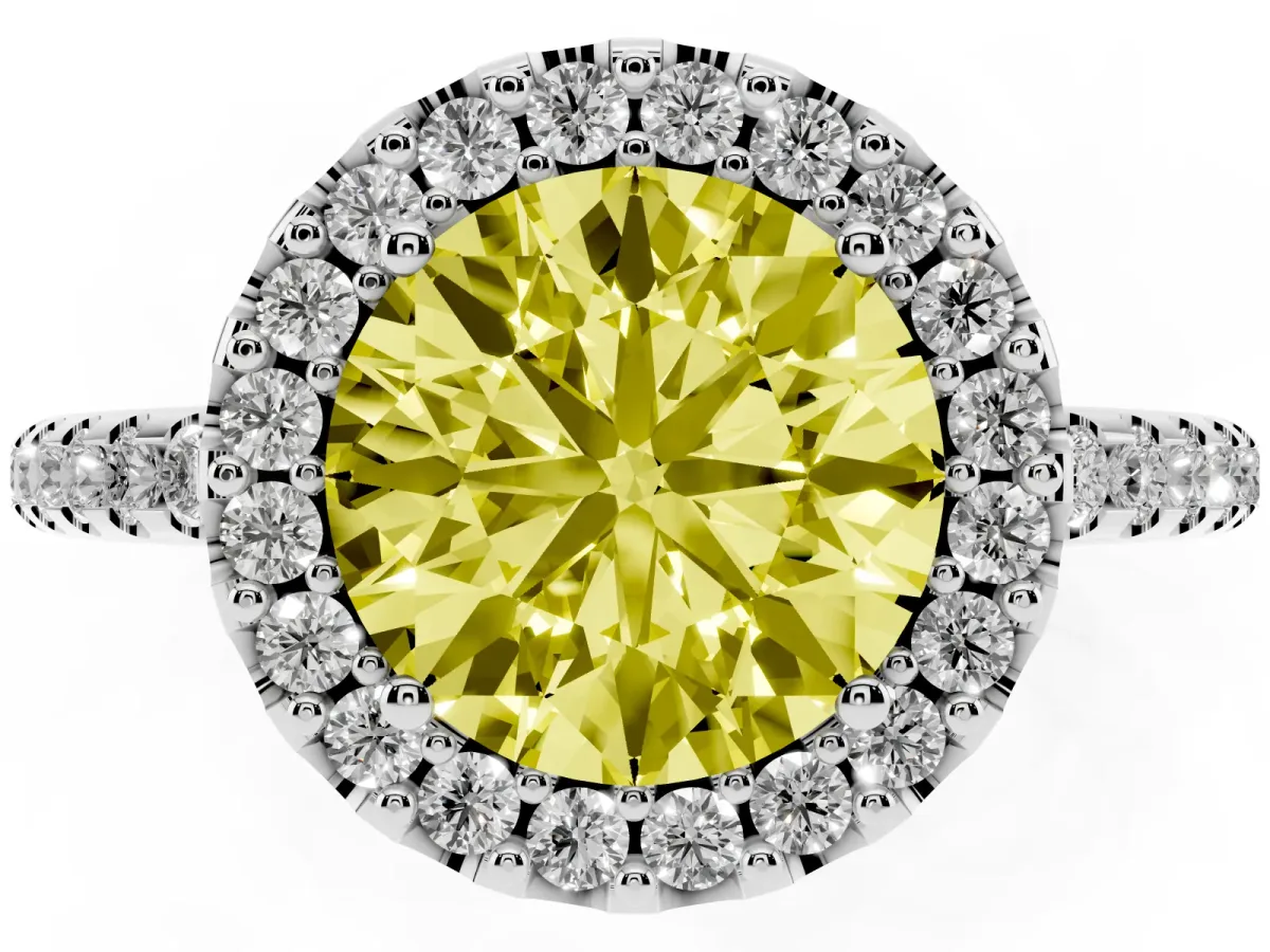 Fancy Yellow Round Cut Diamond Pavé Halo Ring with Four-Prong Setting Platinum