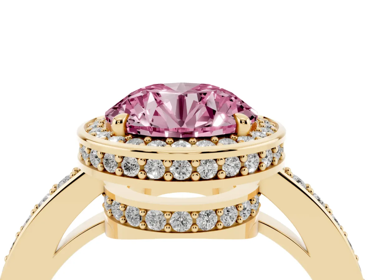 Fancy Pink Round Cut Halo Pave Band Solitaire Ring with Prong Setting Yellow gold