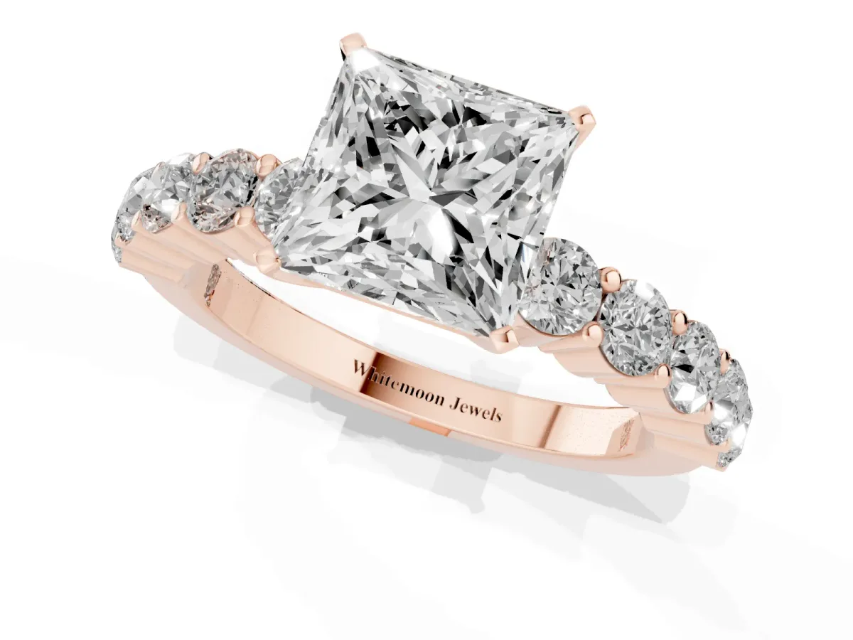 Princess Cut Diamond Solitaire Ring with Shared Prong Round Side Stones Rose gold