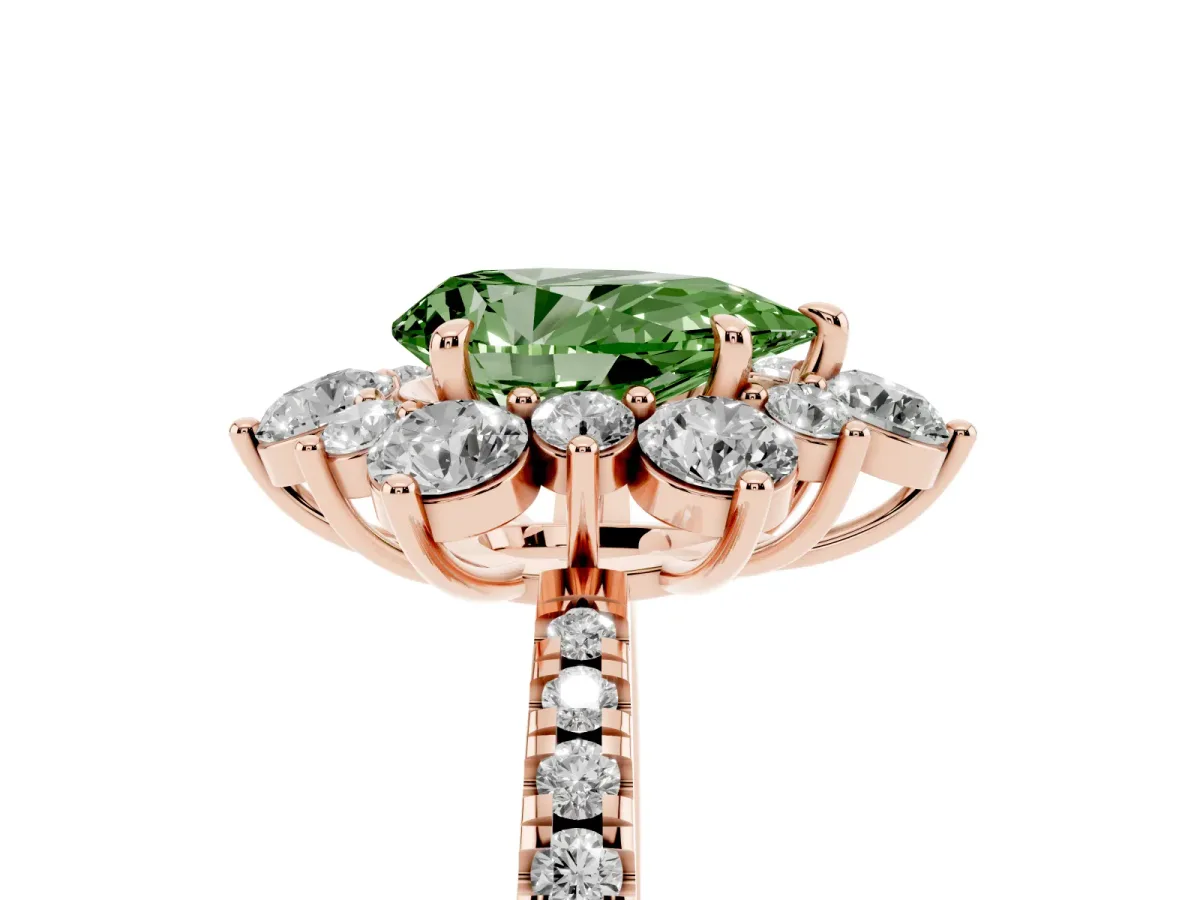 Fancy Green Pear Cut Diamond Floral Halo Ring with Round Pavé Band and Prong Setting Rose gold