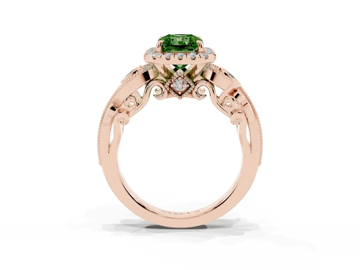 Fancy Green Radiant Cut Halo Diamond Ring with Milgrain and Bezel Accents on a Split Shank Band Rose gold