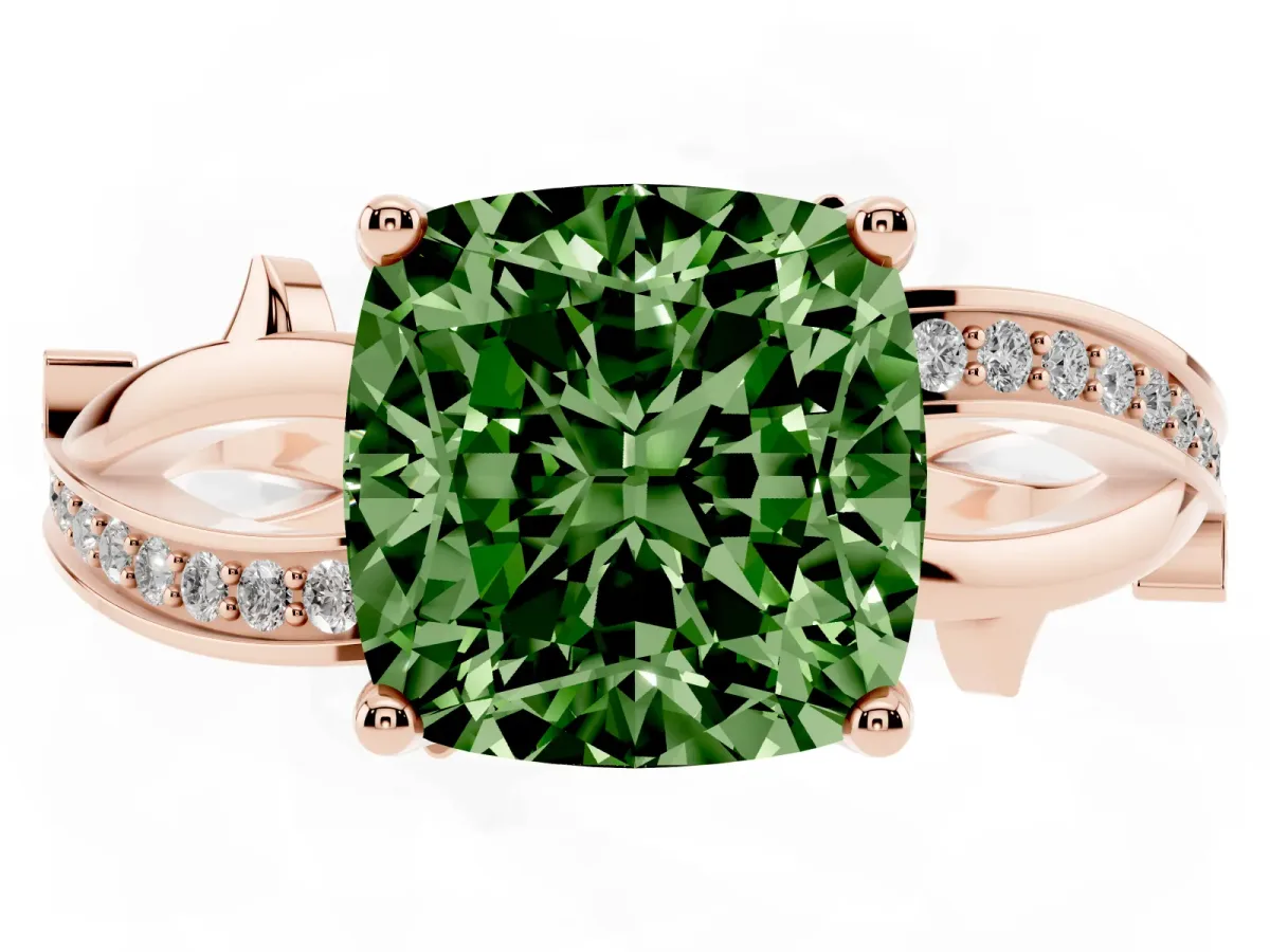 Fancy Green Cushion Cut Solitaire Twist Band with Pavé Accents and Four-Prong Setting Rose gold