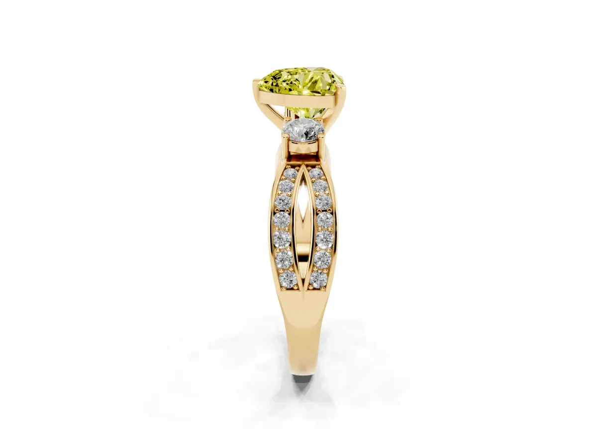 Fancy Yellow Three-Stone Heart Cut Cut Diamond Twist Band with Prong Setting Yellow gold