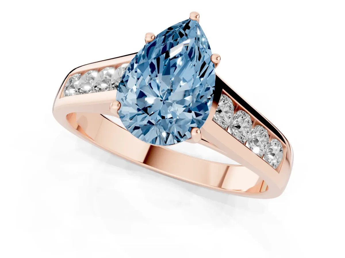 Fancy Blue Pear Cut Brilliant Channel-Set Solitaire Ring with Four-Prong Setting Rose gold