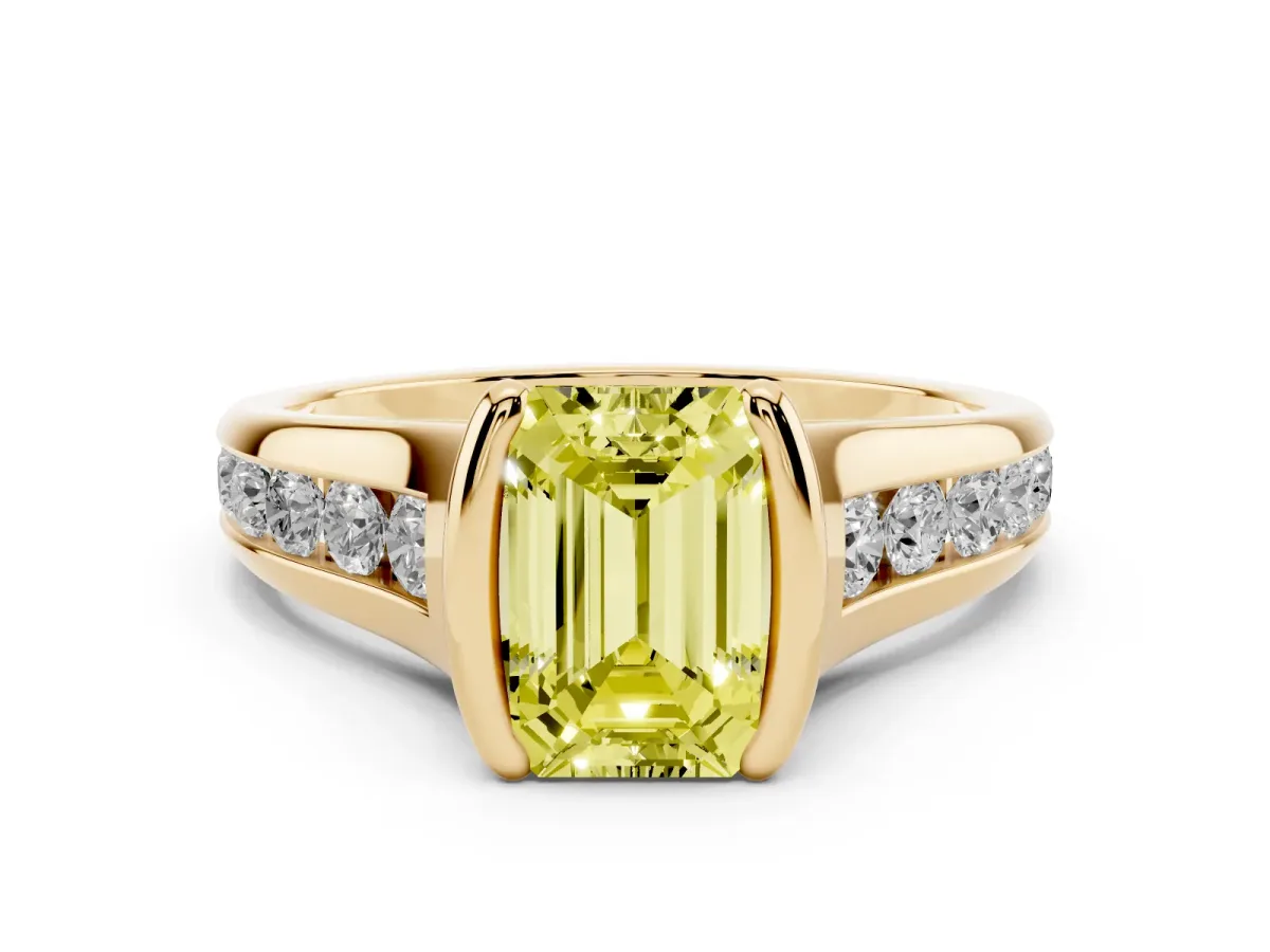 Fancy Yellow Emerald Cut Solitaire Bezel-Set Diamond Ring with Channel-Set Band Yellow gold