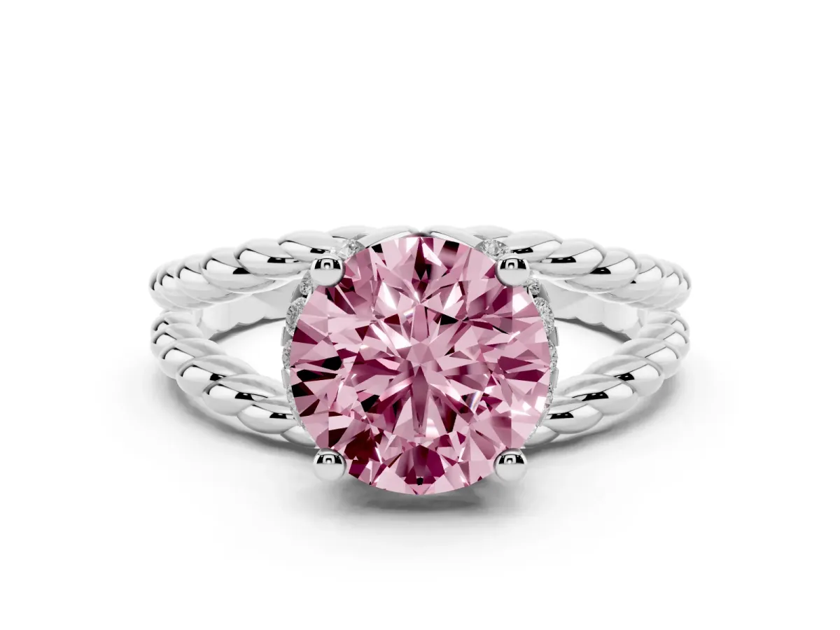 Fancy Pink Round Cut Halo Twisted Band Four-Prong Ring Silver