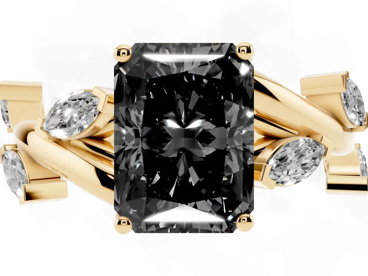 Fancy Black Radiant Cut Solitaire Twisted Band Marquise Accent Prong Setting Ring Yellow gold