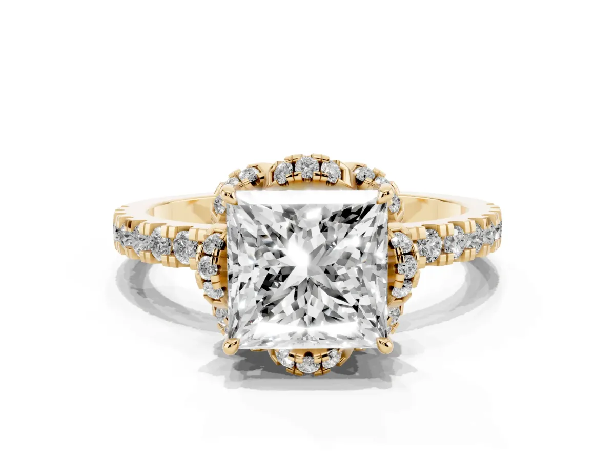 Princess Cut Diamond Halo Pave Band with Four-Prong Setting Yellow gold