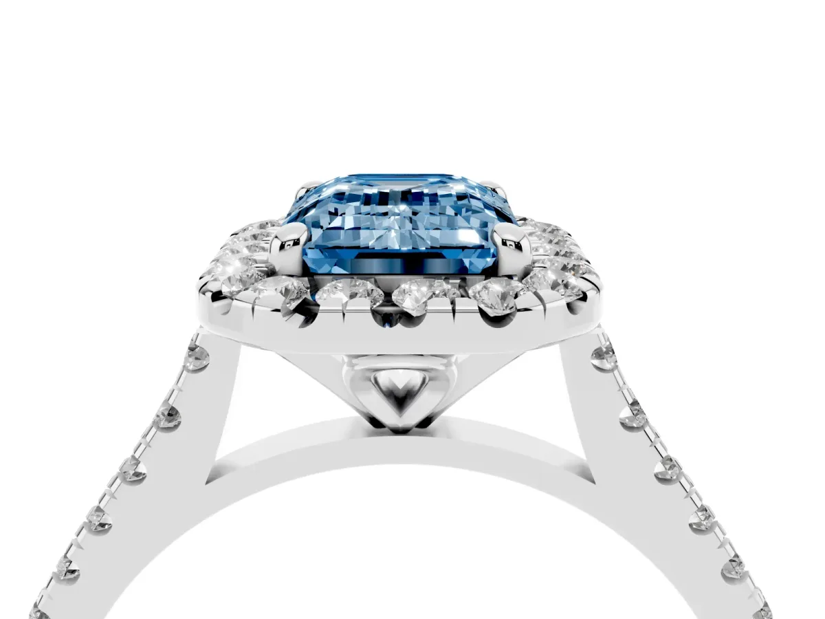 Fancy Blue Emerald Cut Diamond Cushion Halo Ring with Pavé Band Silver