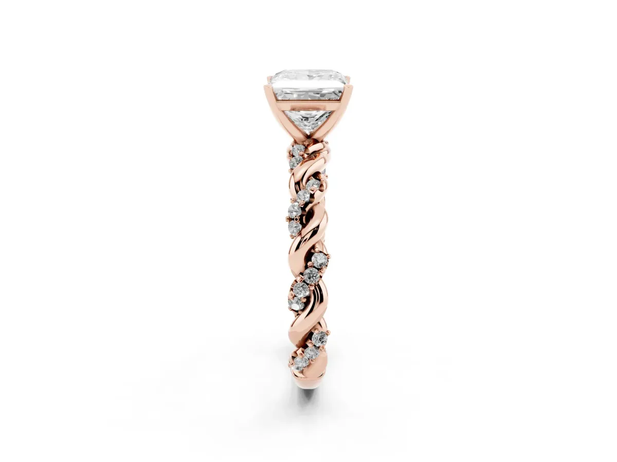 Princess Cut Diamond Solitaire Ring with Twisted Band and Pavé Accents Rose gold