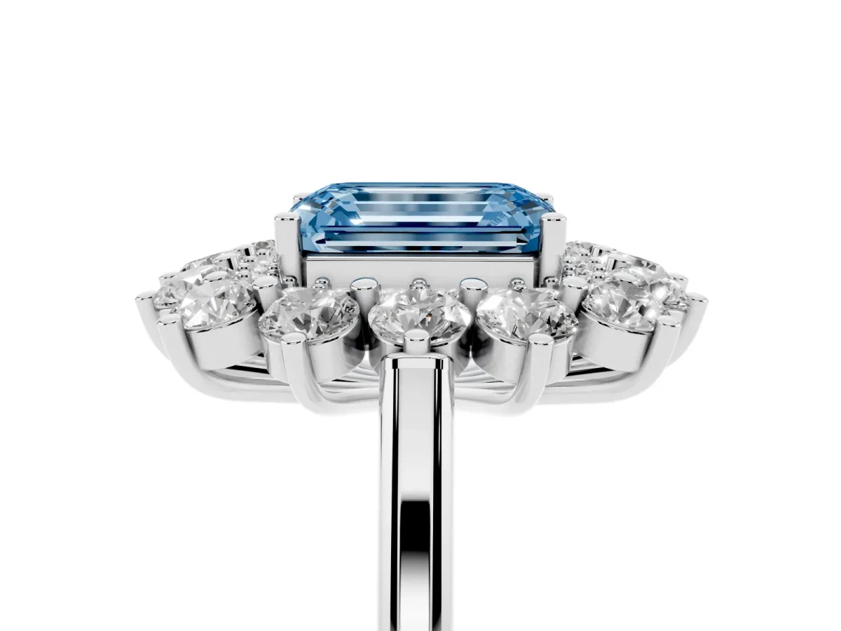 Fancy Blue Emerald Cut Diamond Floral Double Halo Engagement Ring with Prong Setting Silver