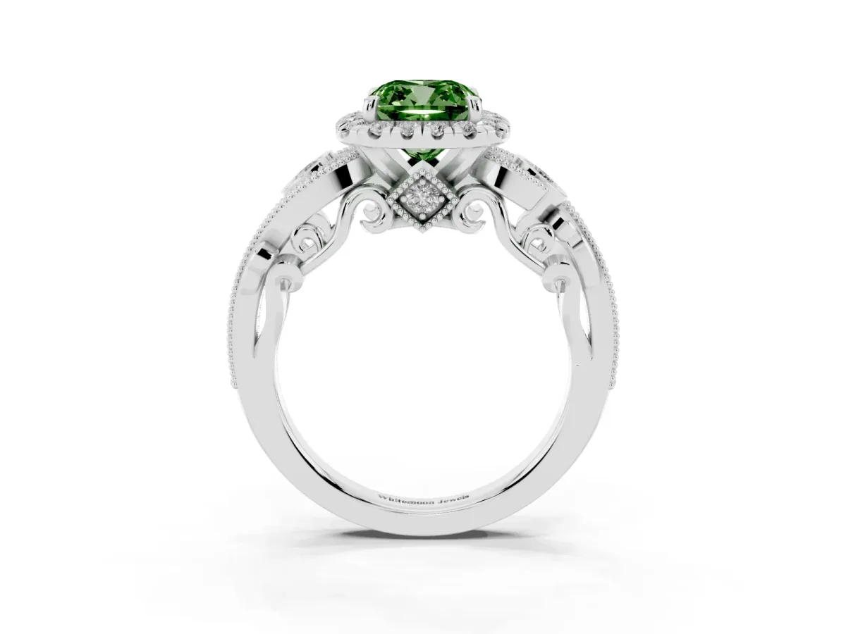 Fancy Green Cushion Cut Diamond Halo Ring with Milgrain Pavé Band and Four-Prong Setting Platinum