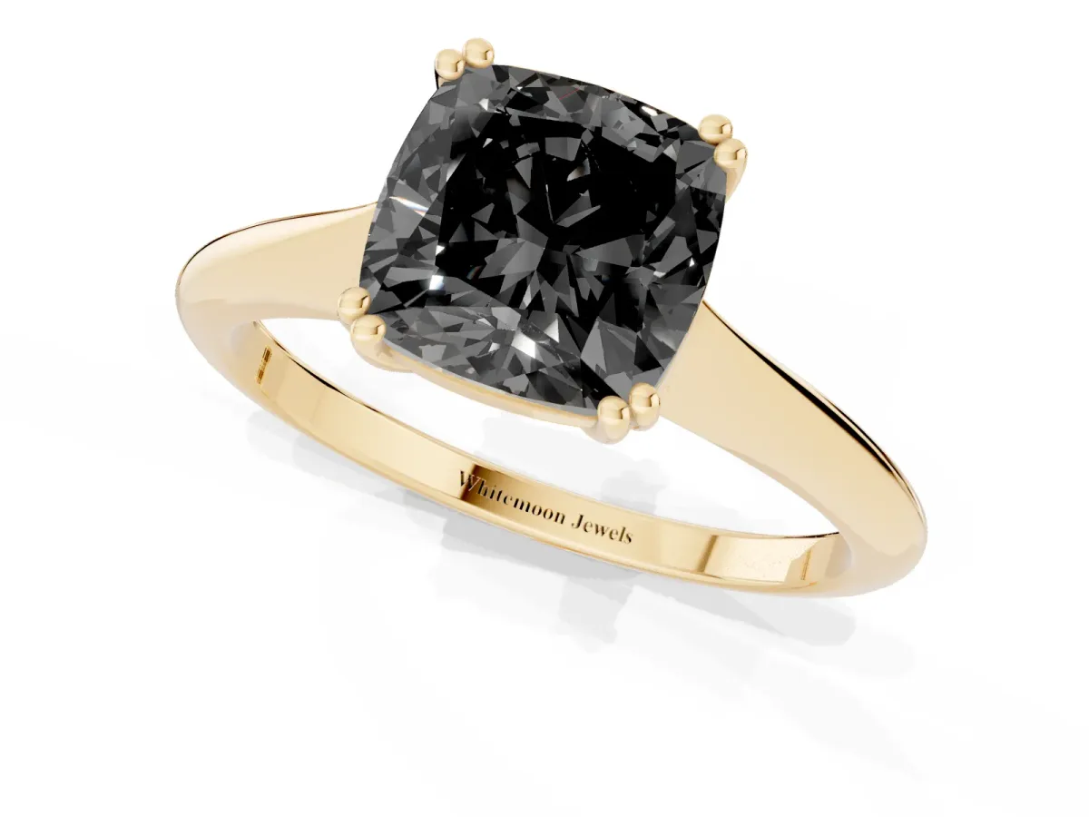 Fancy Black Cushion Cut Solitaire Diamond Ring with Six-Prong Setting and Classic Band Yellow gold