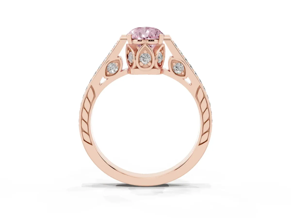Fancy Pink Pear Cut Cut Cathedral Pave Diamond Engagement Ring with Six-Prong Setting Rose gold